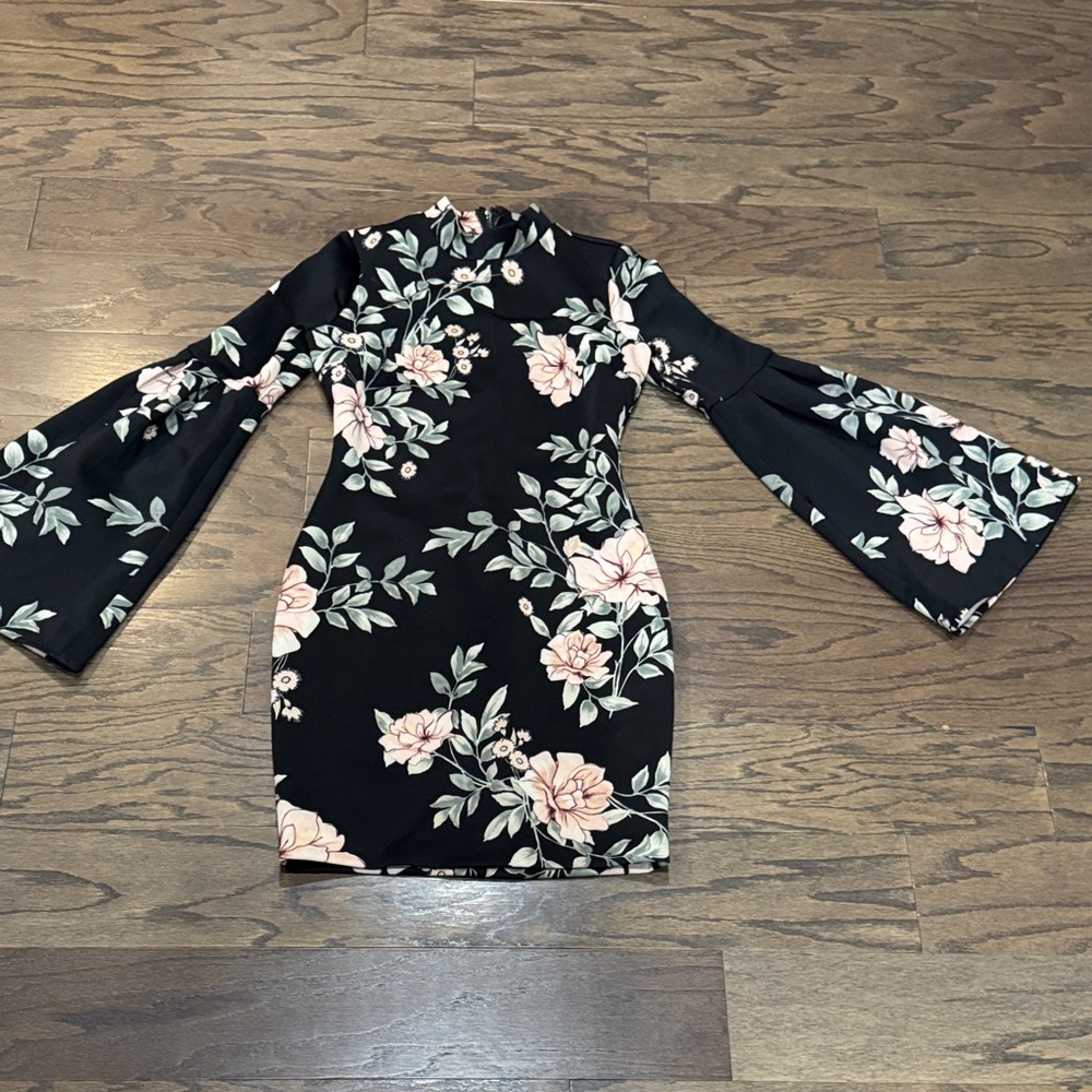 Guess Black Floral Long Sleeve Dress